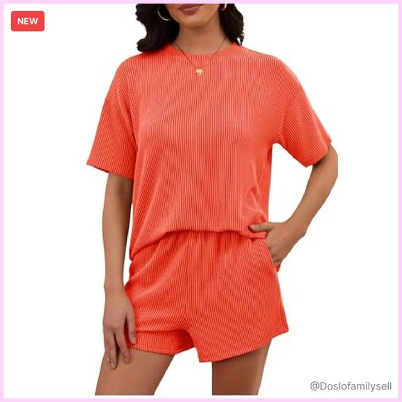 Oversized Ribbed Knit Lounge Set Short Sleeve Top Matching Shorts Y2K - Picture 5 of 8
